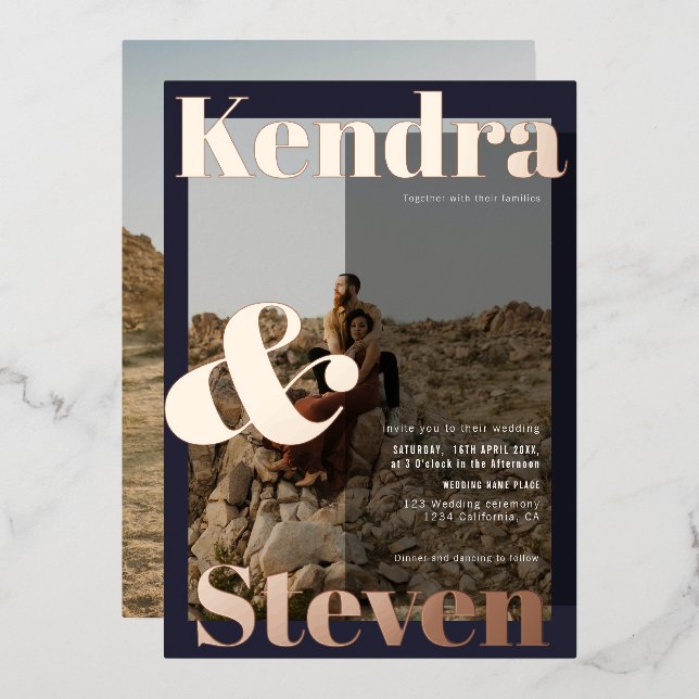 Modern bold names navy blue photo wedding foil invitation (Front/Back)