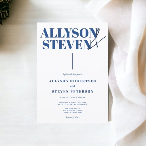 Modern bold names script blue photo wedding invitation