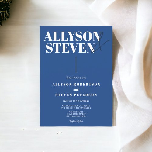 Modern bold names script blue photo wedding invitation