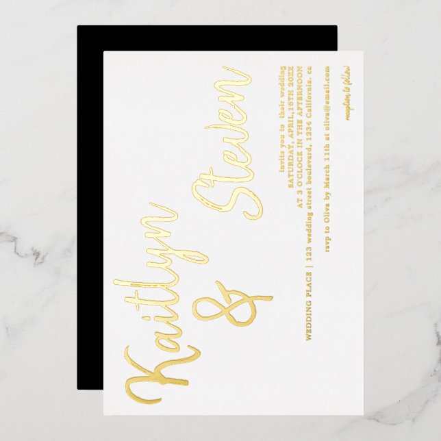 Modern bold names script minimalist wedding foil invitation (Front/Back)