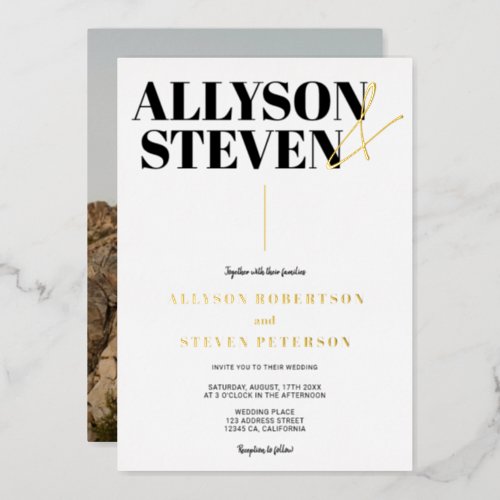 Modern bold names script photo wedding foil invitation