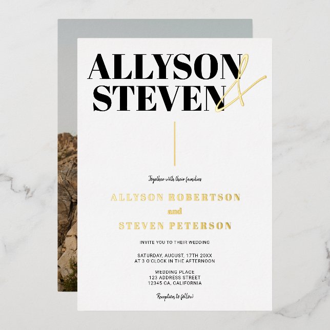 Modern bold names script photo wedding foil invitation (Front/Back)