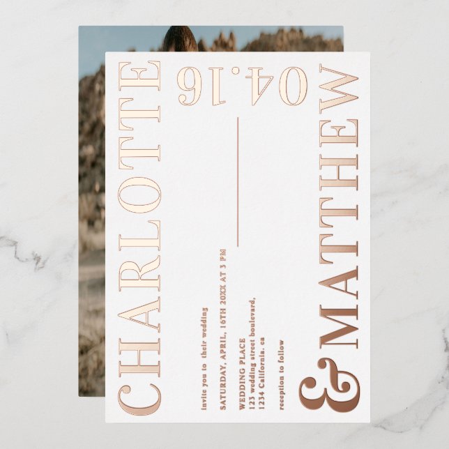 Modern bold names white photo wedding rose gold foil invitation (Front/Back)