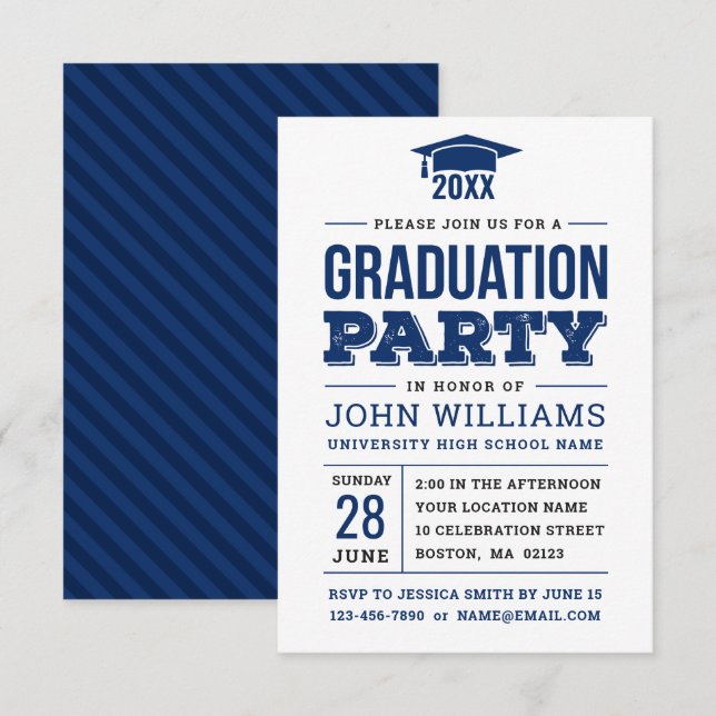 Modern Bold Navy Blue and White Graduation Party Invitation (Front/Back)