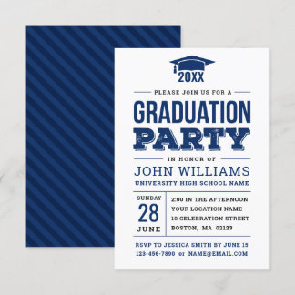 Modern Bold Navy Blue and White Graduation Party Invitation
