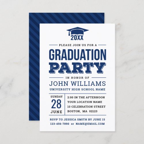 Modern Bold Navy Blue and White Graduation Party Invitation