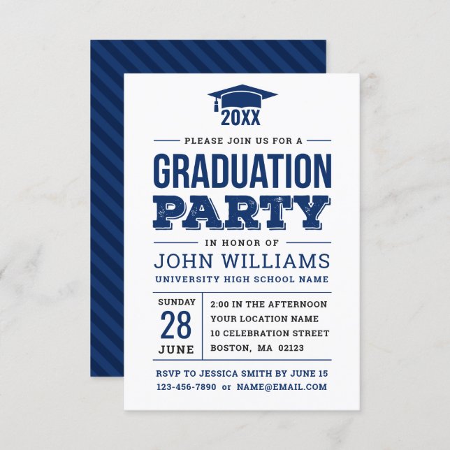 Modern Bold Navy Blue and White Graduation Party Invitation (Front/Back)