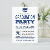 Modern Bold Navy Blue and White Graduation Party Invitation (Standing Front)