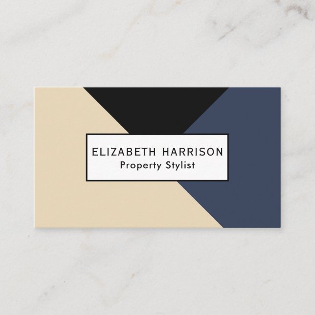 Modern Bold Navy Blue|Champagne Geometric Business Card (Front)