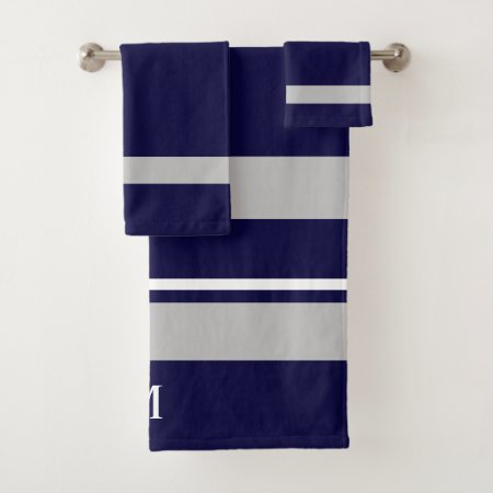 Modern Bold Navy Blue Gray Stripe Monogram Bath Towel Set