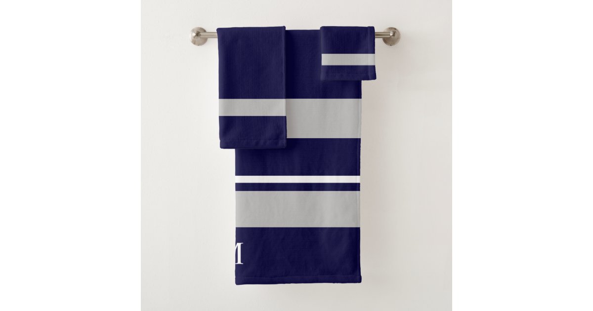 Modern Bold Navy Blue Gray Stripe Monogram Bath Towel Set | Zazzle
