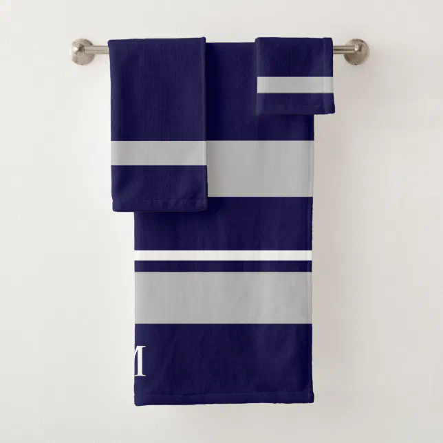 Modern Bold Navy Blue Gray Stripe Monogram Bath Towel Set Zazzle