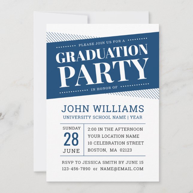 Modern Bold Navy Blue White Graduation Party Invitation (Front)