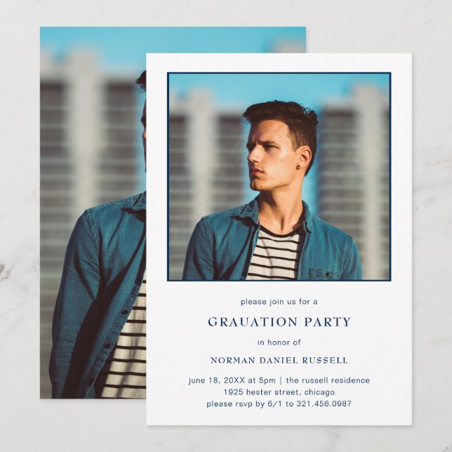 Modern Bold Navy Blue White Photo Graduation Party Invitation (Front/Back)
