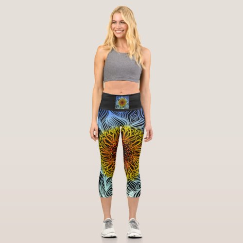 Modern bold neon sunflower  capri leggings