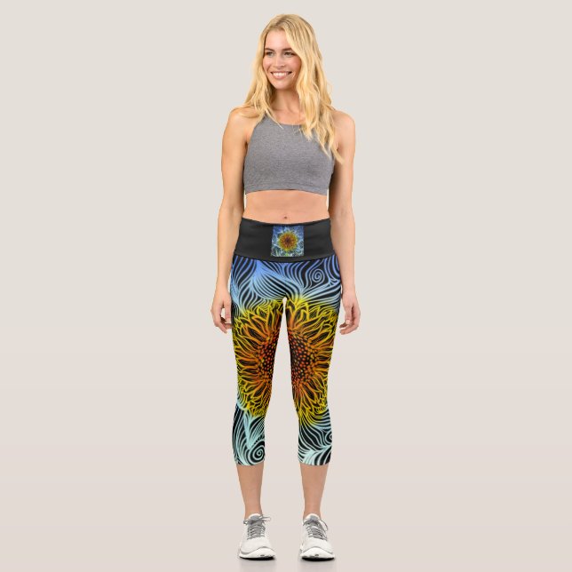 Modern bold neon sunflower  capri leggings (Front)