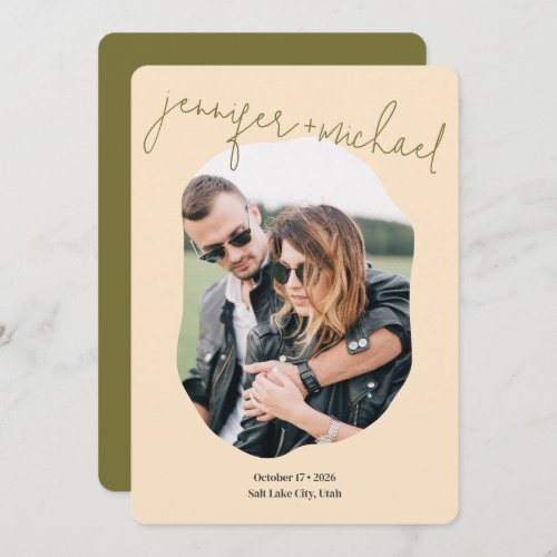Modern Bold Olive Green Script Photo Wedding Save The Date