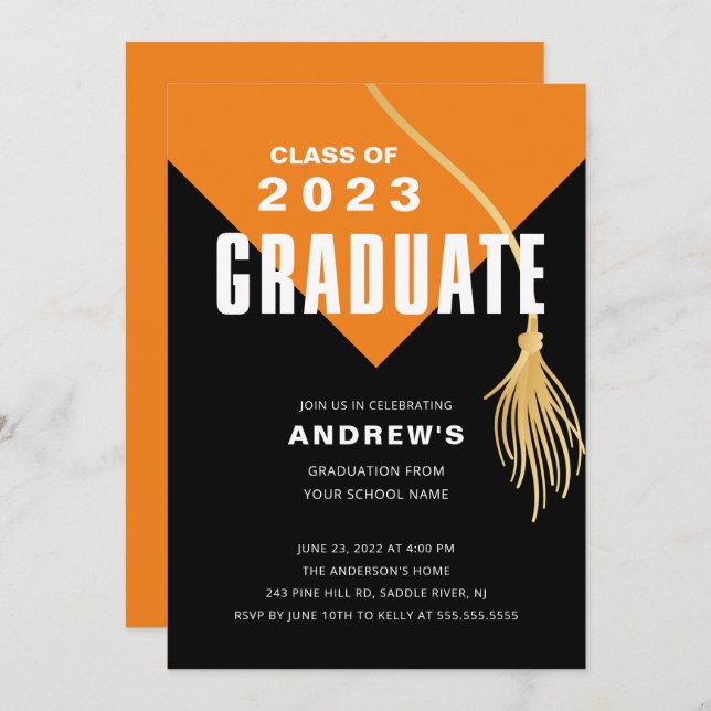 Modern Bold Orange Cap Graduation Invitation (Front/Back)