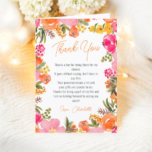 Modern bold orange flowers script bridal shower letterpress thank you card