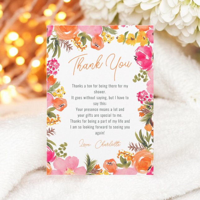Modern bold orange flowers script bridal shower thank you card (Modern bold orange flowers script bridal shower thank you card)