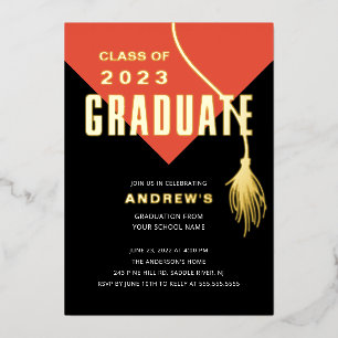 Modern Bold Orange Grad Cap Graduation Foil Invitation
