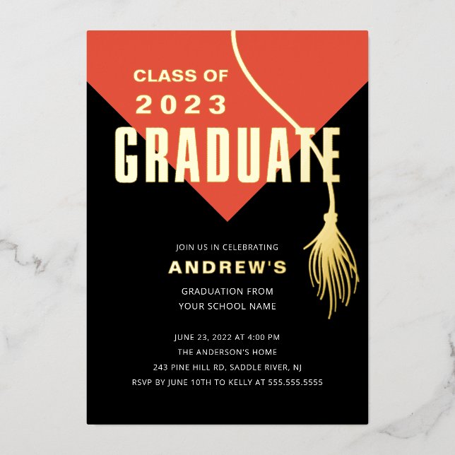 Modern Bold Orange Grad Cap Graduation Foil Invitation (Front)