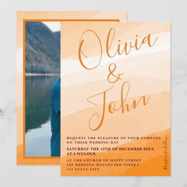 Modern bold Orange Watercolor wedding photo Invita Invitation (Front/Back)
