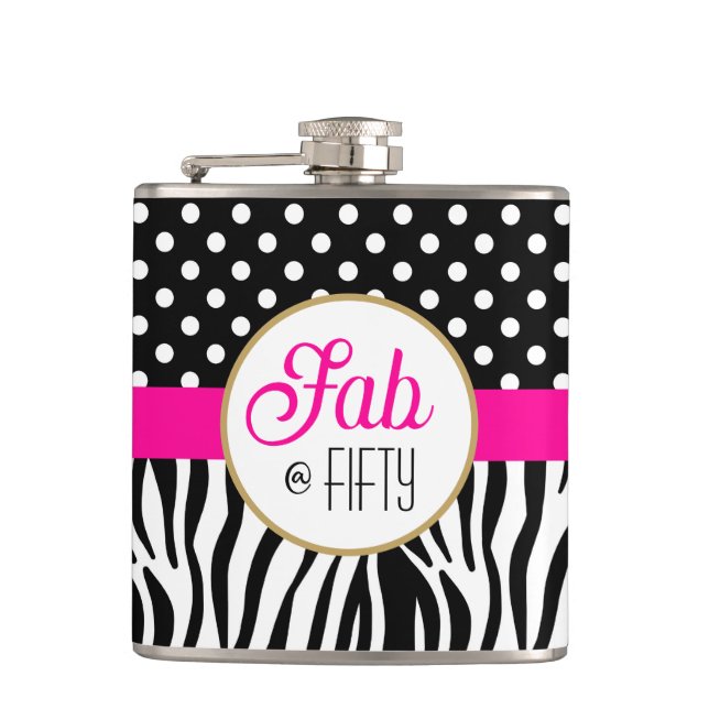 Modern Bold Pattern Fifty & Fabulous 50th Birthday Flask (Front)