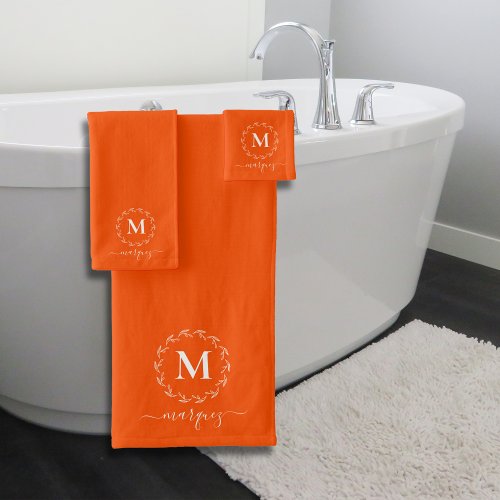 Modern Bold Personalized Orange Wreath Monogram Bath Towel Set