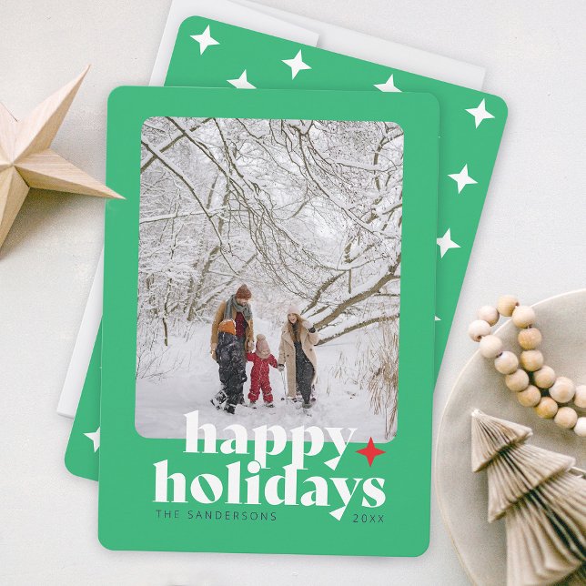 Modern Bold Photo Green Graphic Type Holiday Card (Bold colorful happy holidays christmas card with family photo and stars )
