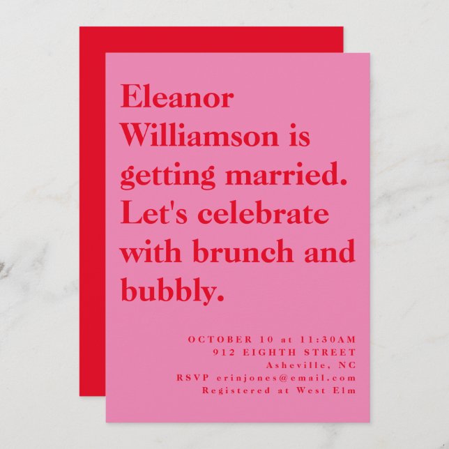 Modern Bold Pink and Red Typography Bridal Brunch Invitation (Front/Back)