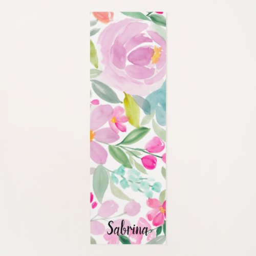 Modern bold pink lavender floral watercolor name yoga mat