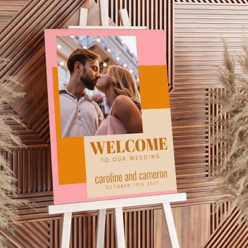 Modern Bold Pink Orange Photo Wedding Welcome Sign