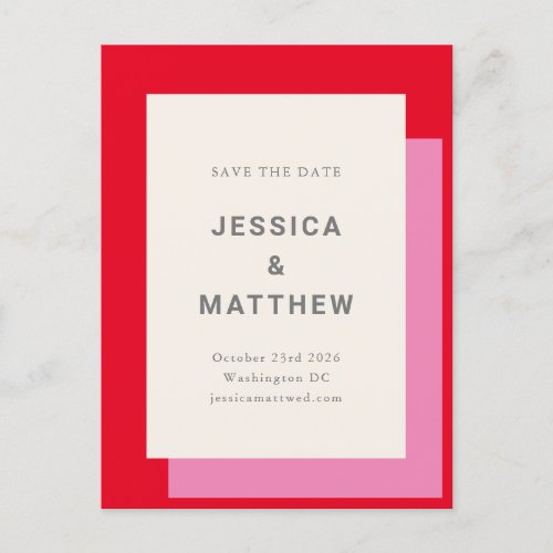 Modern Bold Pink Red Wedding Save The Date Postcard