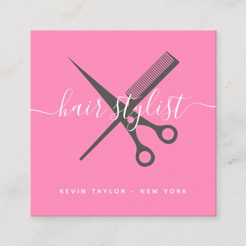 Modern bold pink scissors branding hair stylist square business card