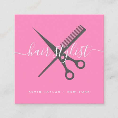 Modern bold pink script signature hair stylist square business card