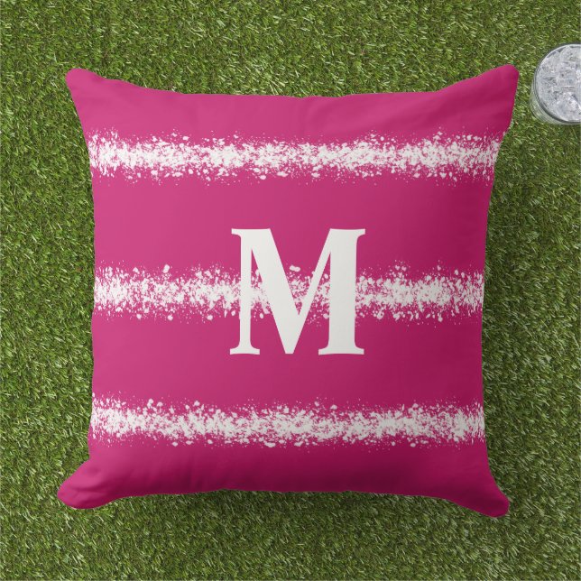 modern Bold Pink  White Splatter Stripes Pattern Outdoor Pillow (Grass)