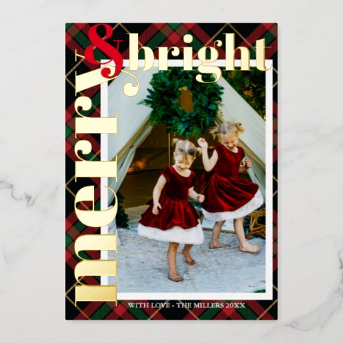 Modern Bold Plaid Merry  Bright Family Photo Foil Holiday Card