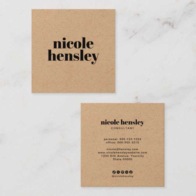 Modern Bold Professional Minimalist Rustic Kraft Square Business Card (Front/Back)