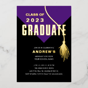 Modern Bold Purple Grad Cap Graduation Foil Invitation