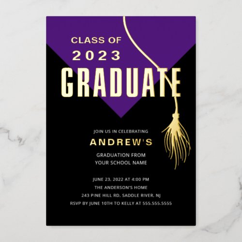 Modern Bold Purple Grad Cap Graduation Foil Invitation
