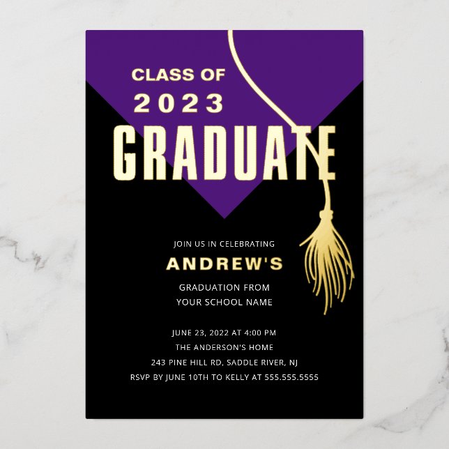Modern Bold Purple Grad Cap Graduation Foil Invitation (Front)