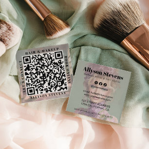 Modern Bold QR Code Hair & Makeup Photos Square Business Card