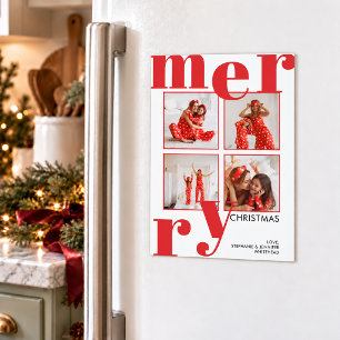 Modern Bold Red 4 Photo Merry Christmas Magnet