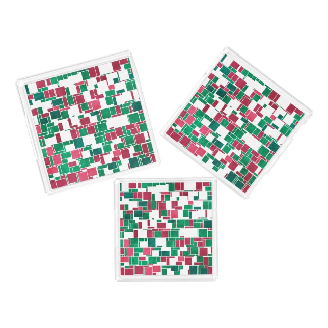 Modern Bold Red and Green Christmas Mondrian Acrylic Tray (Set)