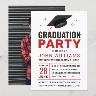 Modern Bold Red Black White Photo Graduation Party Invitation
