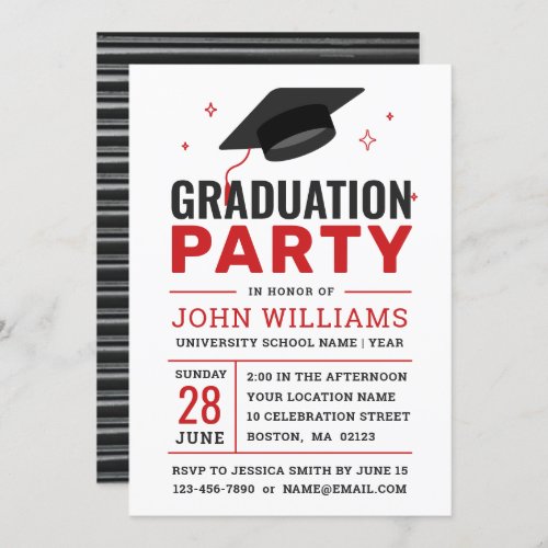 Modern Bold Red Black White Photo Graduation Party Invitation