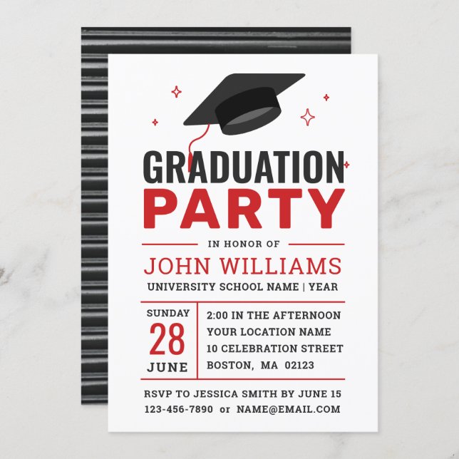 Modern Bold Red Black White Photo Graduation Party Invitation (Front/Back)