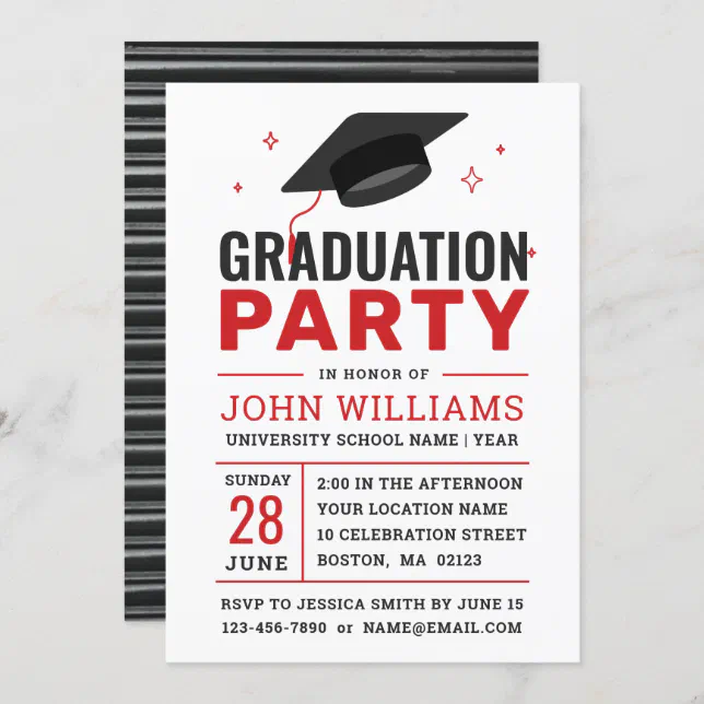 Modern Bold Red Black White Photo Graduation Party Invitation | Zazzle