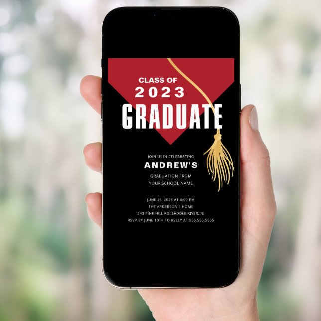 Modern Bold Red Cap Graduation Invitation (Front Digital)